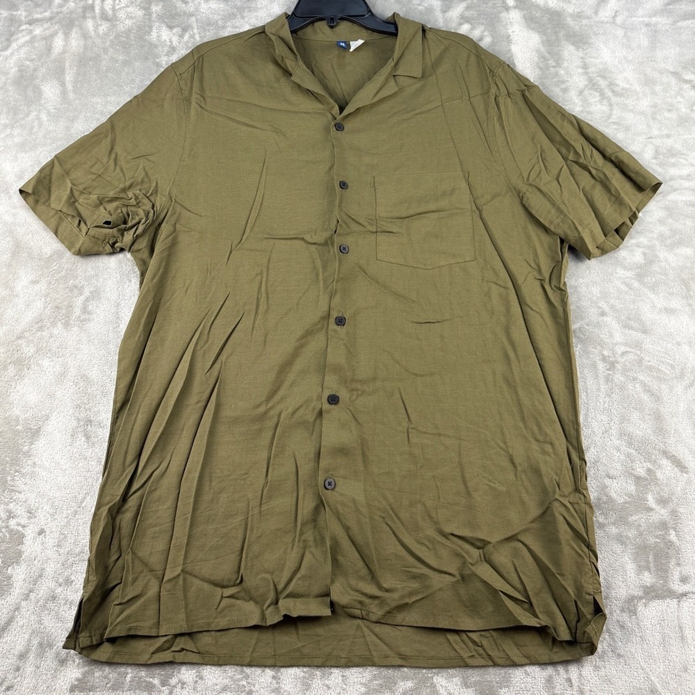 H&M Divided Shirt Mens L Camp Collar Olive Green Viscose Button Down EUC